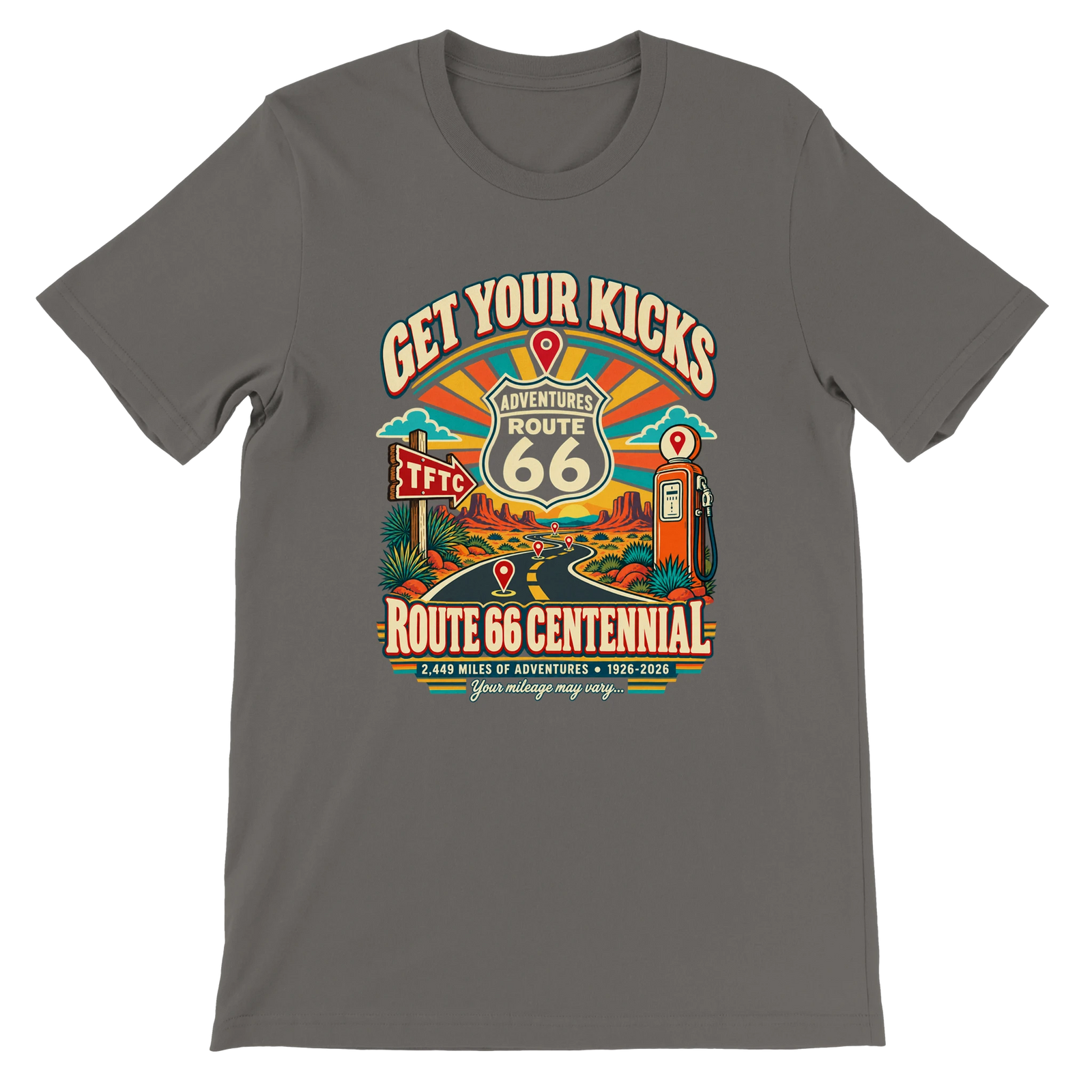 Route 66 Centennial geocaching t-shirt in asphalt.