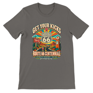 Route 66 Centennial geocaching t-shirt in asphalt.