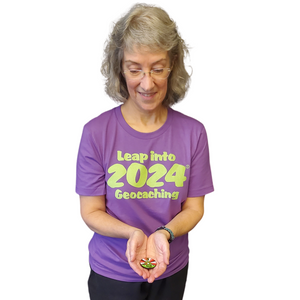 Leap Into Geocaching 2024 T-Shirt + Geocoin + Tag
