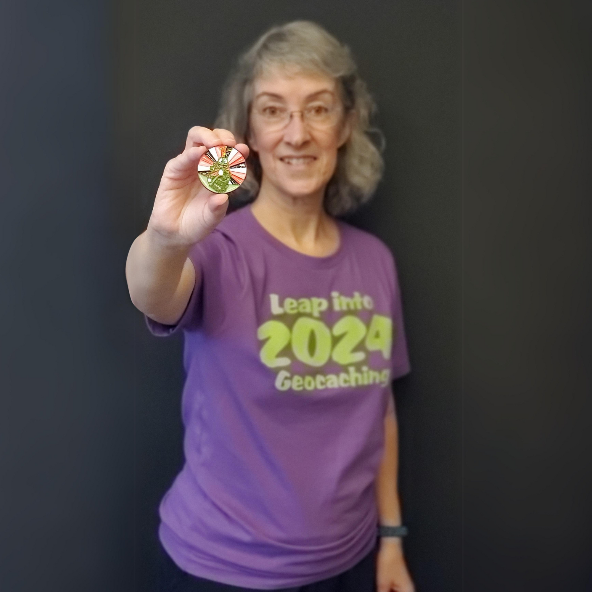 Leap Into Geocaching 2024 T-Shirt + Geocoin + Tag