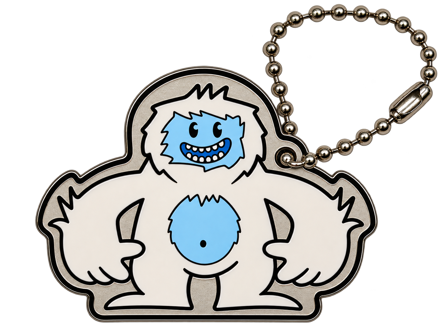 Yeti Cachekinz trackable tag with a grinning white Yeti and blue face, on a ball chain